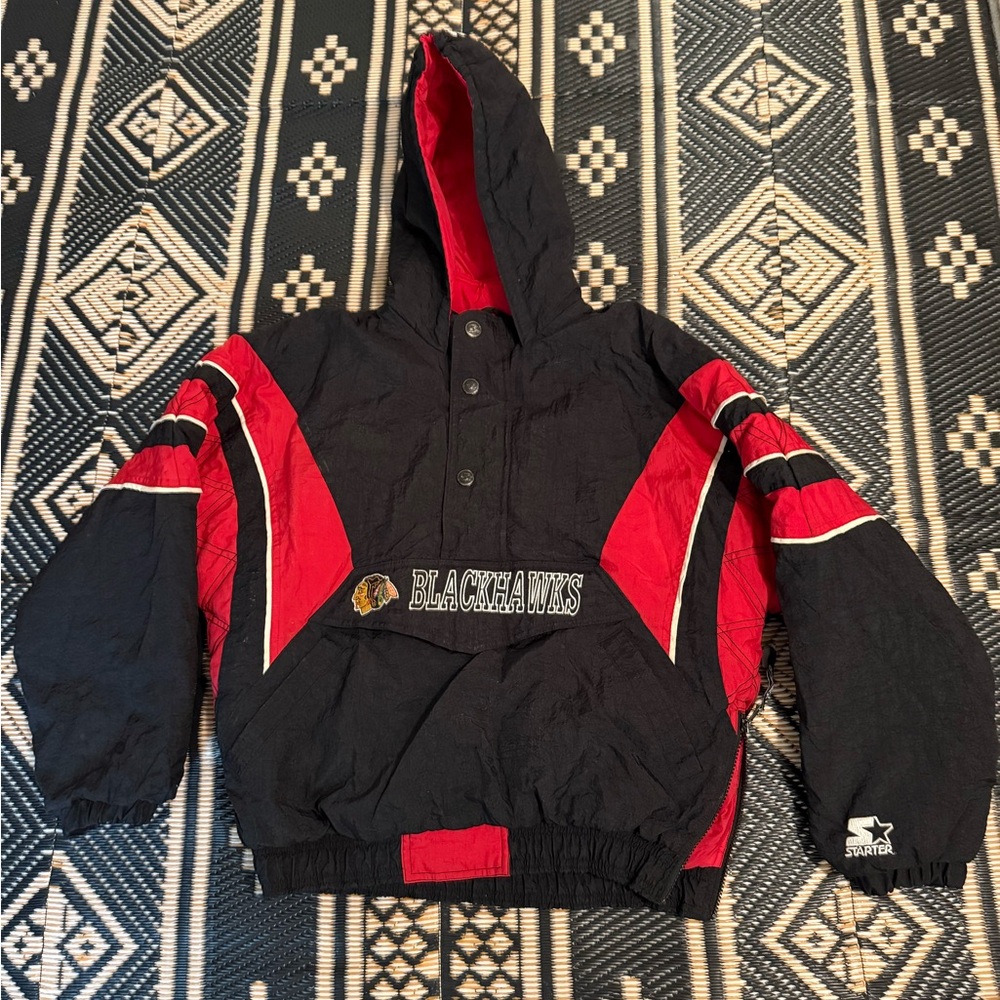 Starter Chicago Blackhawks quilted vintage coat/jacket embroidered front pouch L